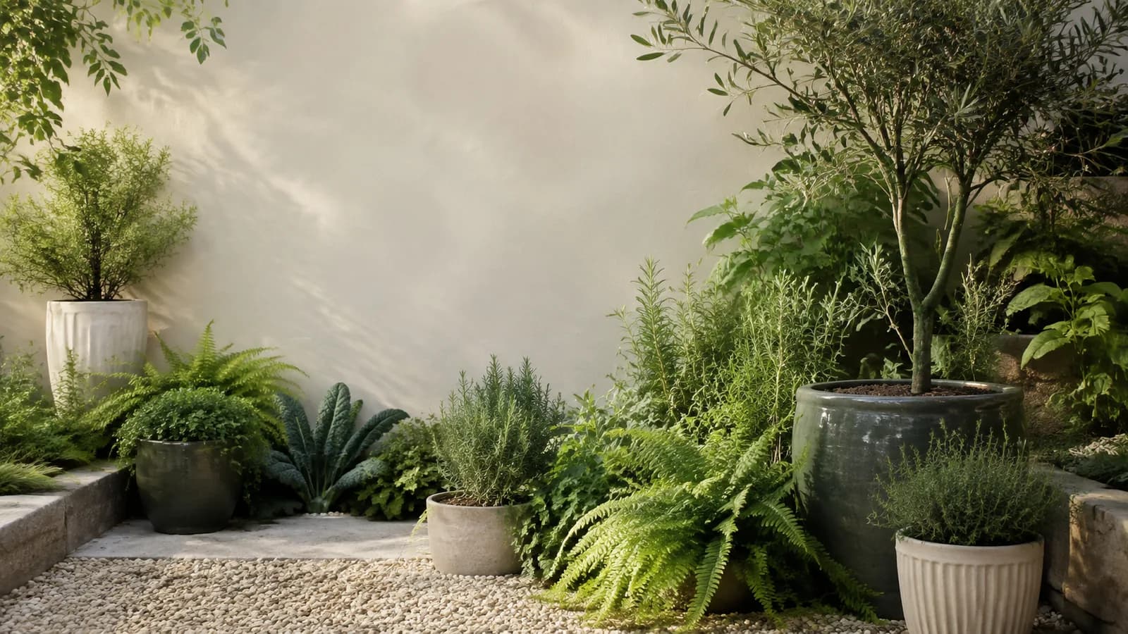 Warm, drought-smart garden with flowering plants and a shaded patio